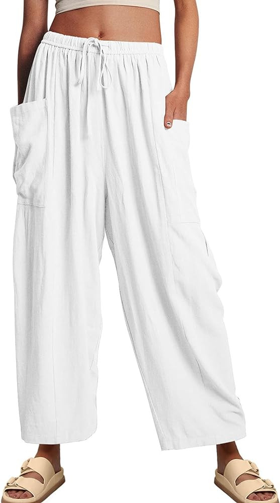 Womens Wide Leg Elastic Waist Beach Pants Summer Casual Baggy Palazzo Harem Pants Trousers with P... | Amazon (US)
