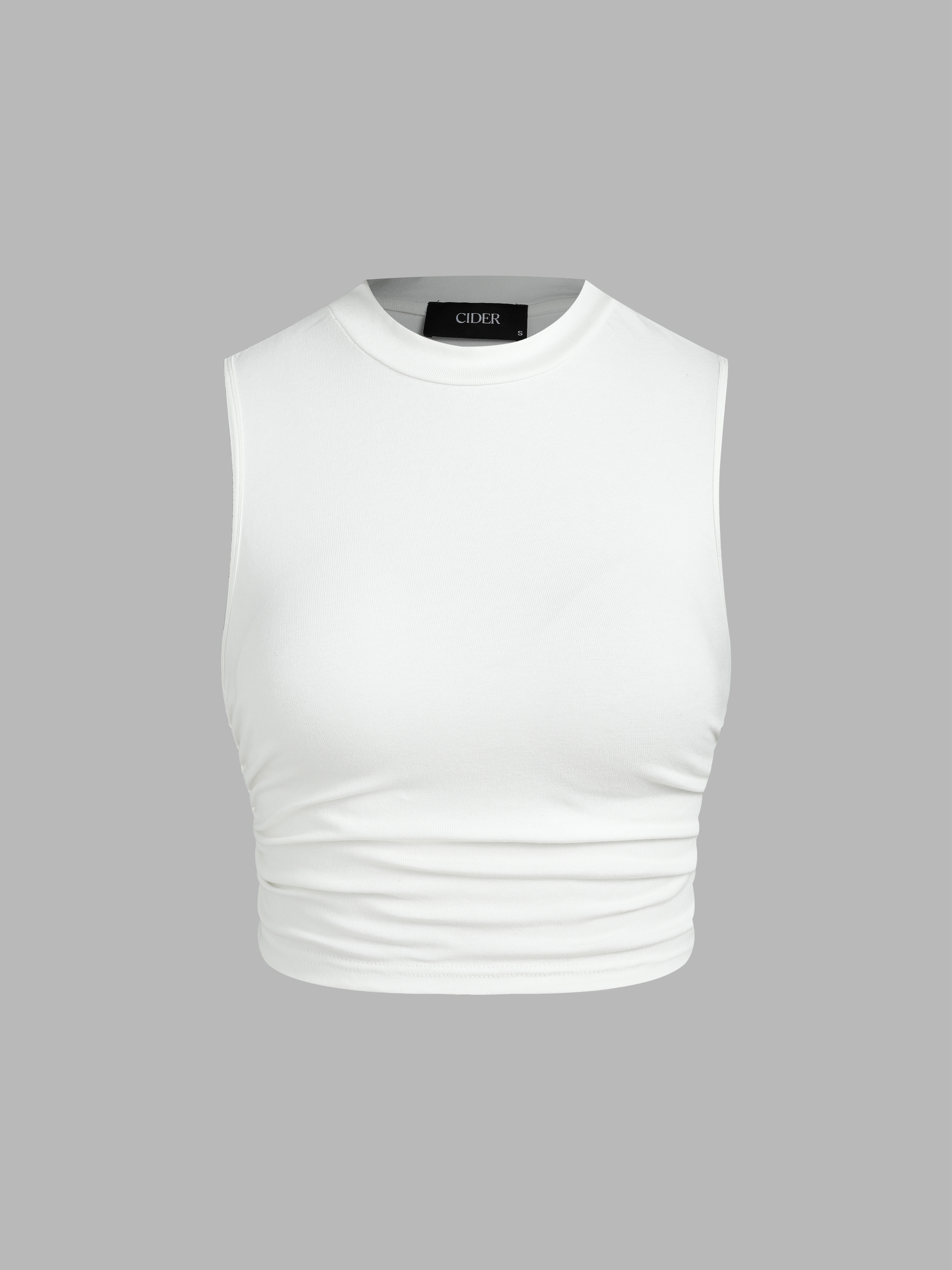Round Neckline Solid Sleeveless Ruched Crop Top | Cider