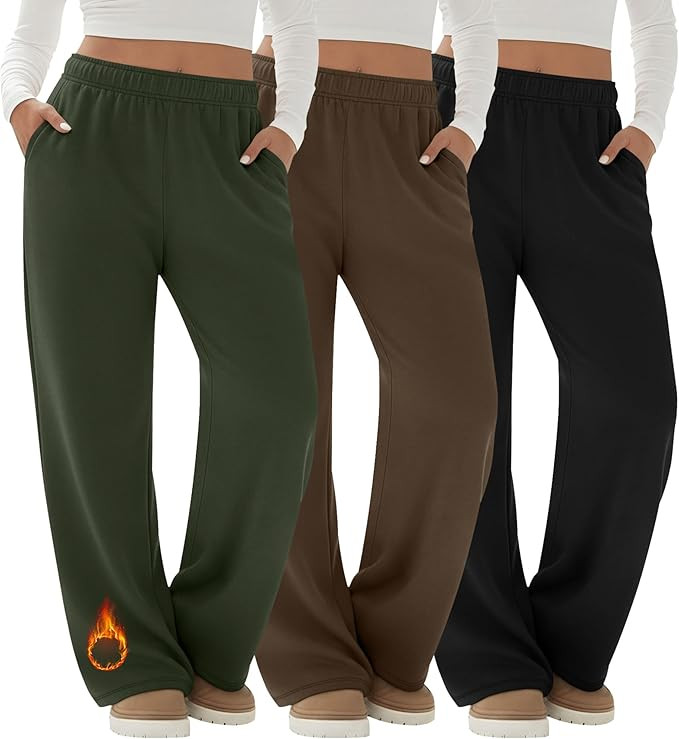 3 Pack Women's Fleece Plus Size Wide Leg Sweatpants Lined Baggy Pants Drawstring Casual Joggers w... | Amazon (US)