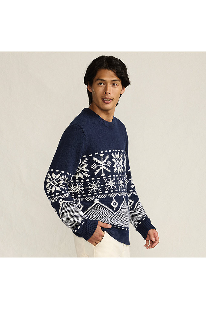 Men's Long Sleeve Holiday Snowflake Crewneck Sweater - Lands' End - Blue - S | Lands' End (US)