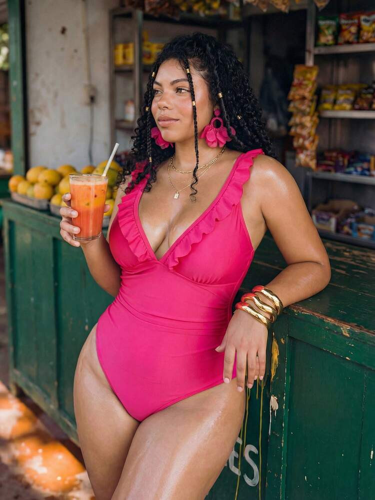 Swim Mod Plus Size One-Piece Women Elegant Ruched Waist Deep V-Neck Swimsuit, With Sexy Deep V Ruffle Trim Neckline And Backless Tie Design, Suitable For Summer Beach, Vacation, Date, Pool Party, Valentine's Day And Other Occasions | SHEIN