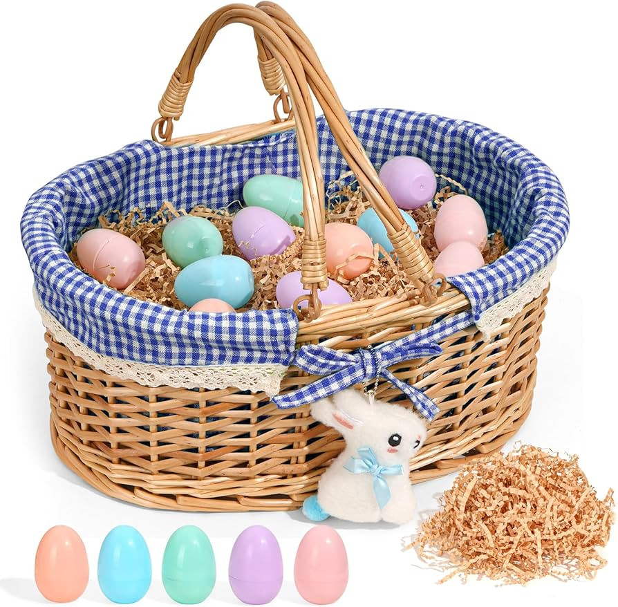 Easter Basket with Grass, 12 Plastic Eggs and Bunny Charm, Medium Oval Wicker Picnic Gift Basket ... | Amazon (US)