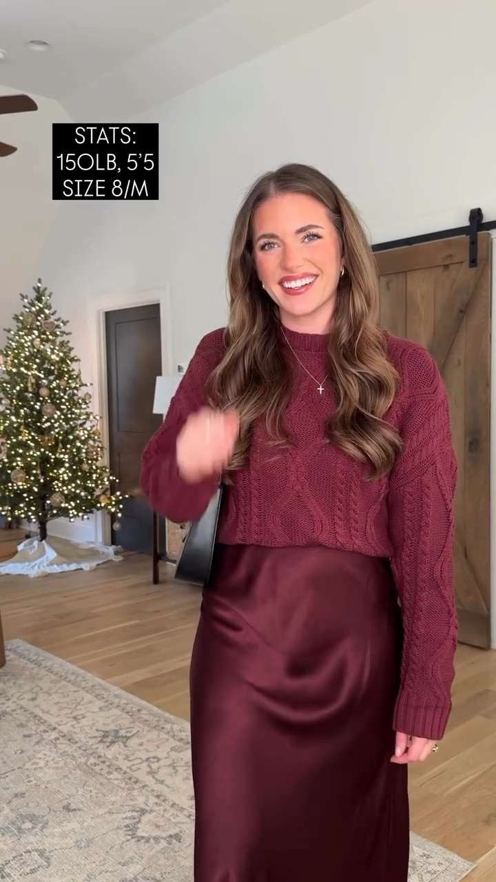 Prettiest holiday outfit! Burgundy satin midi skirt size L (stretchy, comfy waist) & burgundy (wine red) sweater TTS - M. waist 29”, hips 40”, & bust 36.5”. Sized up 1/2 size boots for socks. Lip color sugey girl liner + desire gloss. TTS - M shaper 

 #LTKHoliday #LTKootd #LTKSeasonal