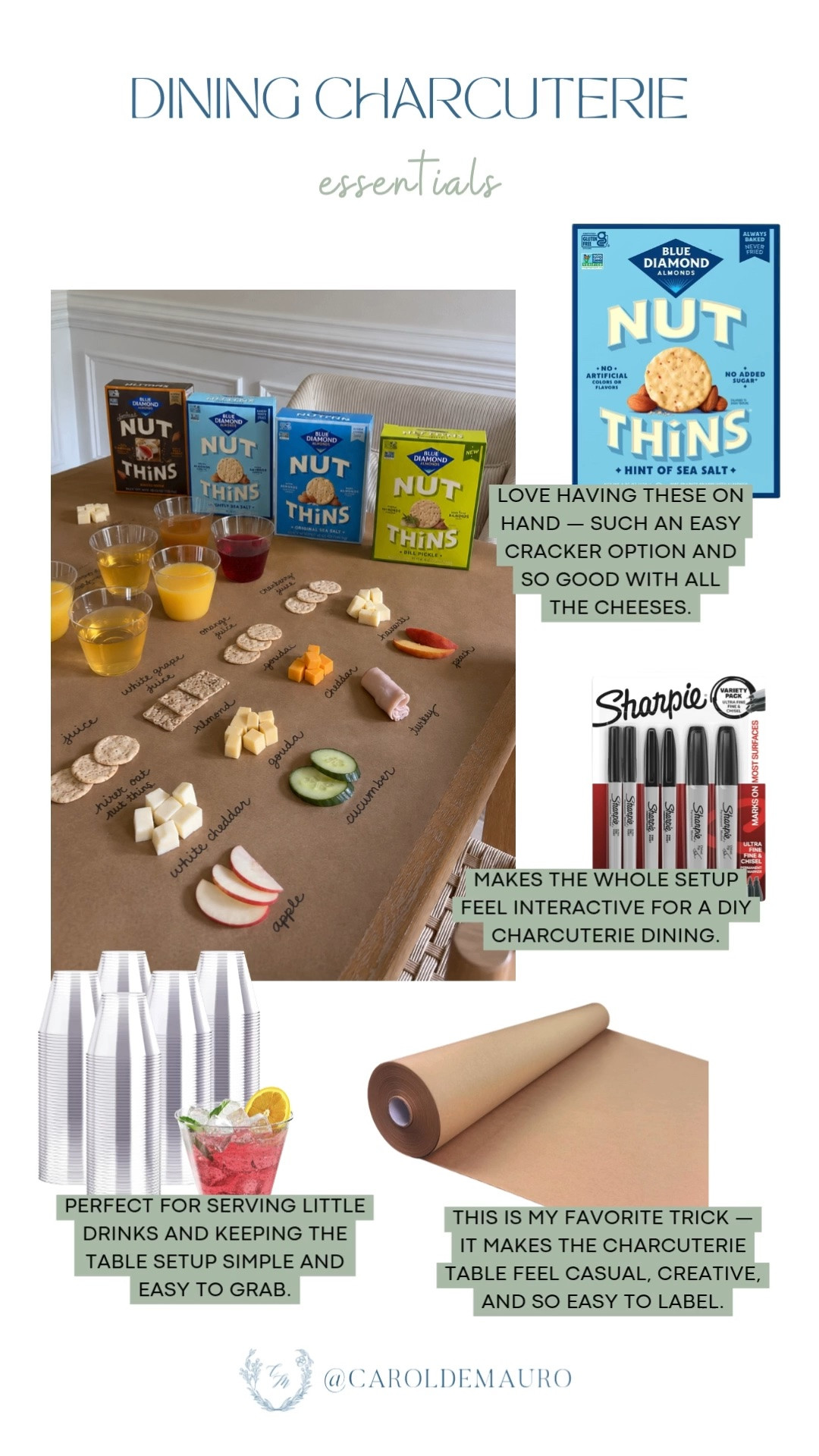 charcuterie, table setup, hosting idea, cheese tasting,  nut thins crackers, plastic cups, craft paper roll, permanent markers, sharpie, family activity

#LTKfoodie #LTKHome