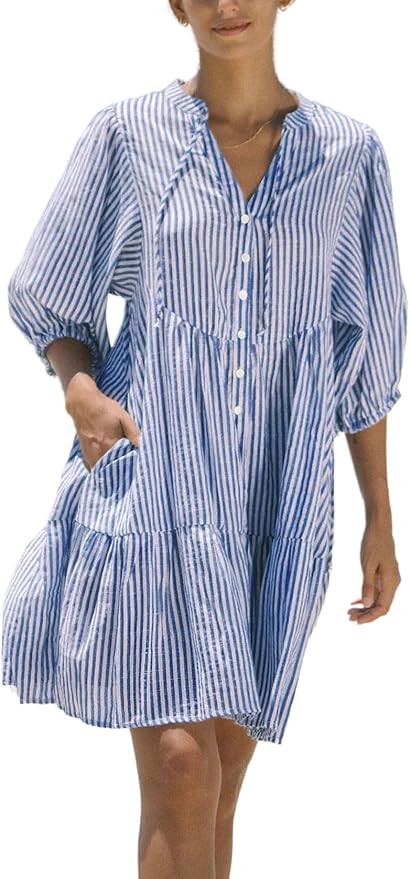 chouyatou Women's Summer V-Neck Casual Striped Midi Shirt Dress Tiered Boho Beach Tunic Babydoll ... | Amazon (US)