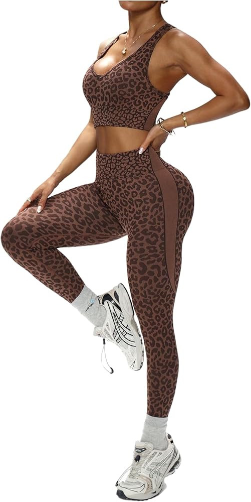 WDIRARA Women's Workout 2 Piece Outfit Leopard Tank Leggings Set Yoga Gym Tracksuits | Amazon (US)
