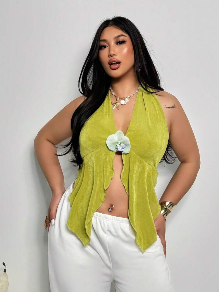 Firerie Plus Size Casual Elegant Vacation Sexy Spaghetti Strap Backless 3D Floral Decor Deep V As... | SHEIN