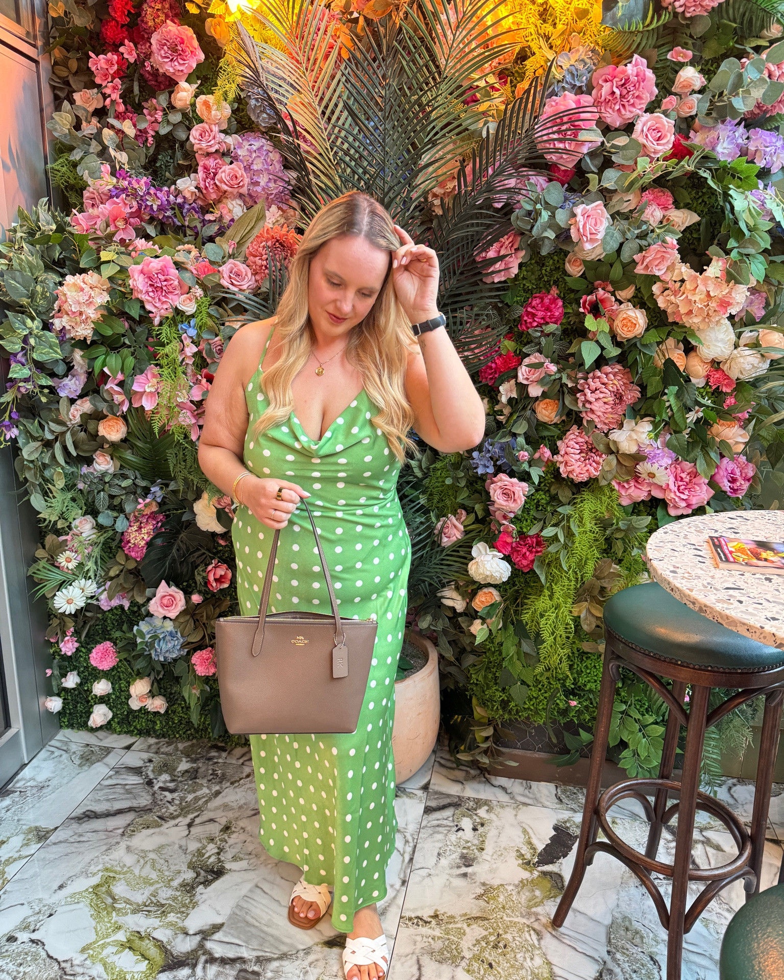 The one dress doing date night AND wedding guest duty this summer. Polka dot, slip silhouette, mid-size friendly cut. Styled here with white woven sandals and the Coach Fiona tote for something a bit more elevated. Everything shoppable below.

#LTKdatenight #LTKwedding #LTKmidsize