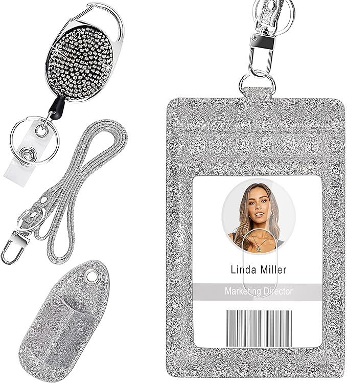 Retractable ID Badge Holder, Multipurpose Bling Rhinestone Badge Reel with Belt Clip , Shiny PU L... | Amazon (US)