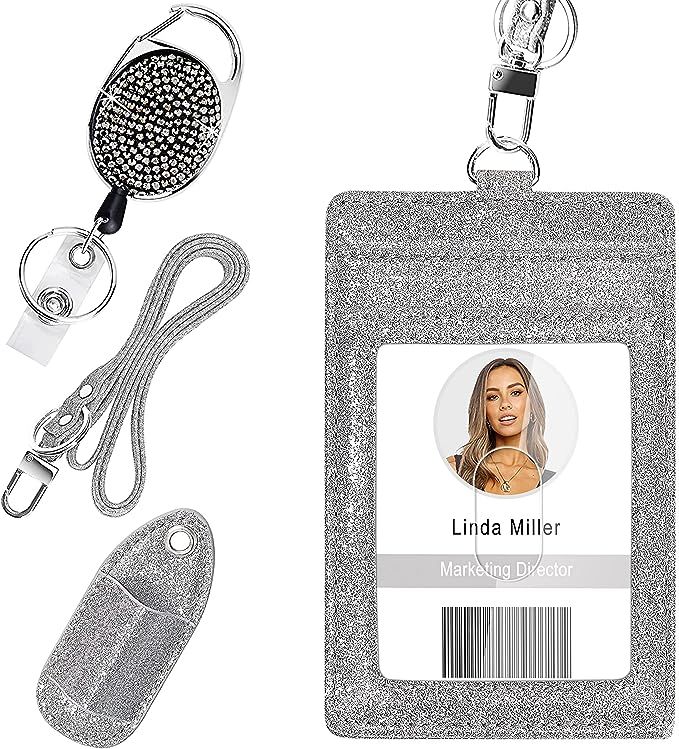 Retractable ID Badge Holder, Multipurpose Bling Rhinestone Badge Reel with Belt Clip , Shiny PU L... | Amazon (US)