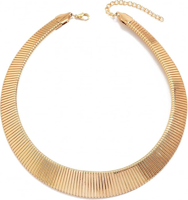 Amazon.com: immerFancy Chunky Gold Statement Choker Necklace for Women, Trendy Gold Plated Flat T... | Amazon (US)