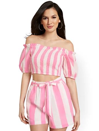 Striped Off-The-Shoulder Smocked Top - New York & Company | New York & Company
