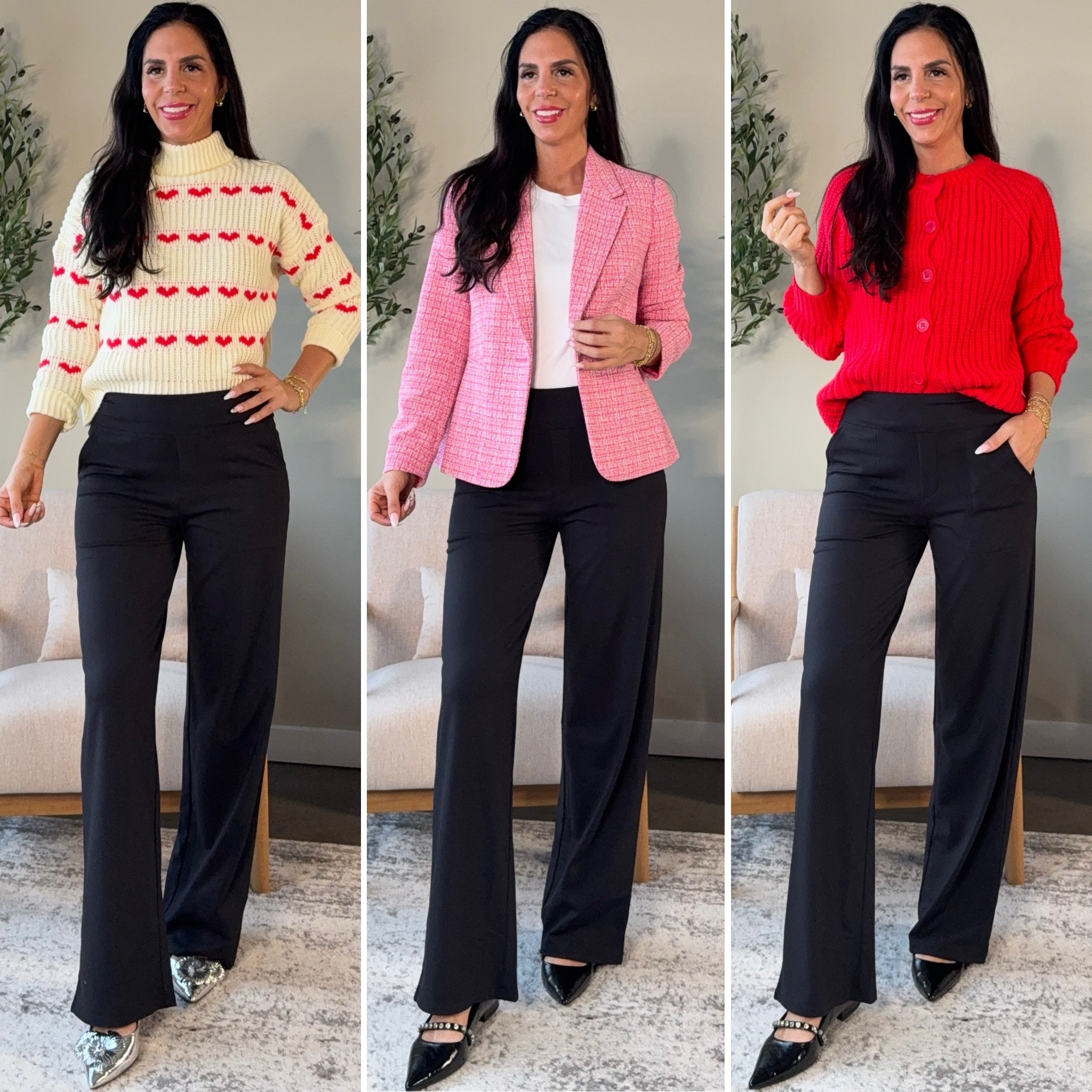 Heart Sweater - medium 
Blazer- small 
Tee- small 
Red sweater- small 
Pants- longest length and sized up to a medium 

#LTKSaleAlert #LTKU #LTKWorkwear