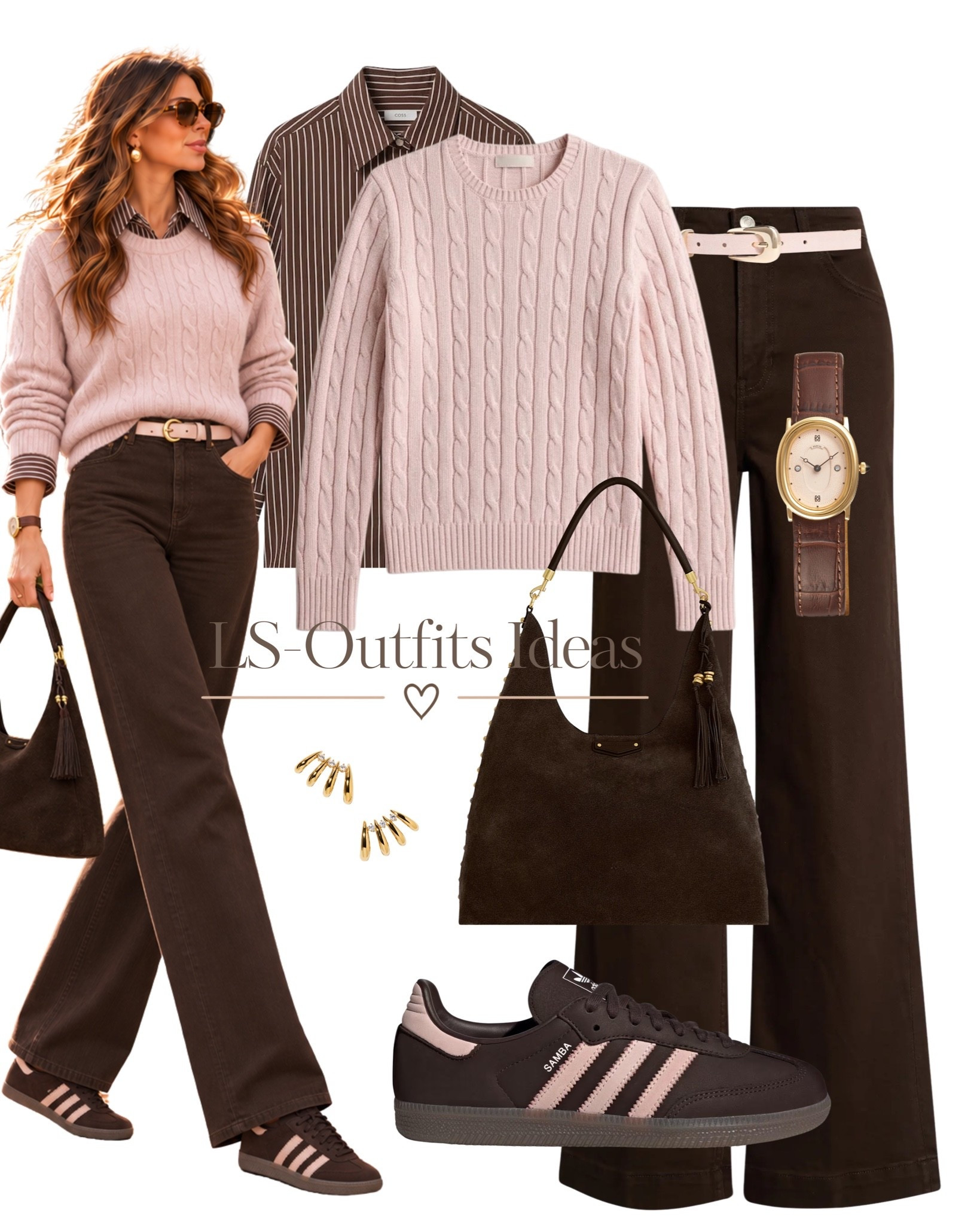 Cozy meets chic 🤎 Soft blush cable knit layered over classic brown stripes, paired with chocolate denim and sporty sneakers for the perfect effortless fall look. 🍂✨

#LTKootd #LTKTravel #LTKActive
