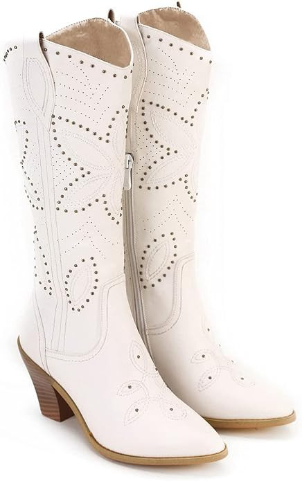 ANN CREEK Women's 'Claremont' Sexy Cowboy Boots Knee-high Black White Patchwork Dressy Cowgirl Mi... | Amazon (US)