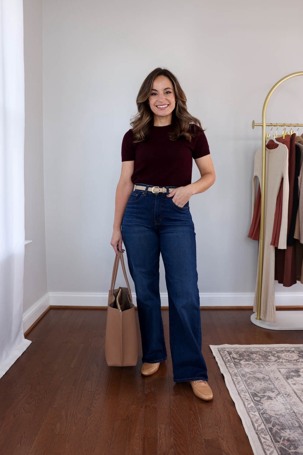 The 2025 fall workwear capsule series: five outfits for work with jeans! 

Short sleeve sweater (Quince): xs in rich burgundy 
Wide leg jeans (Madewell): petite 24 in pipestone wash / 10.5” rise / 28” inseam 

My measurements for reference: I’m 4’10” and 105lbs. My bust, waist, and hip measurement is 32”, 24”, and 36”.

#LTKPetite #LTKWorkwear