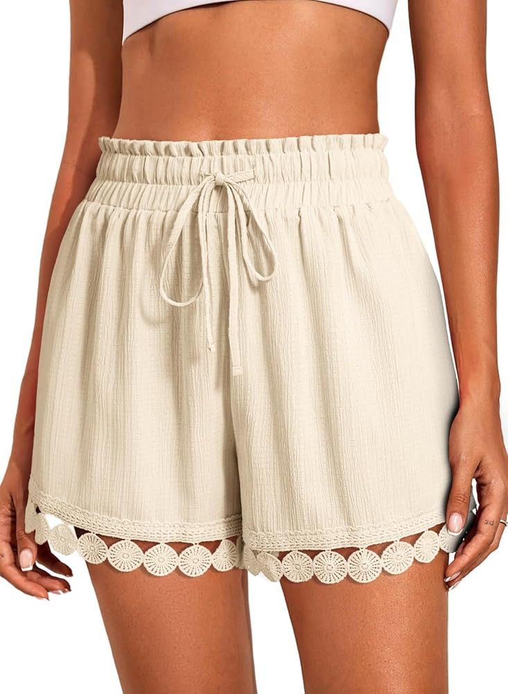 Dokotoo Casual Shorts for Women Elastic Waist Lounge Shorts Comfy Stretch Lace Trim Beige Short S... | Amazon (US)