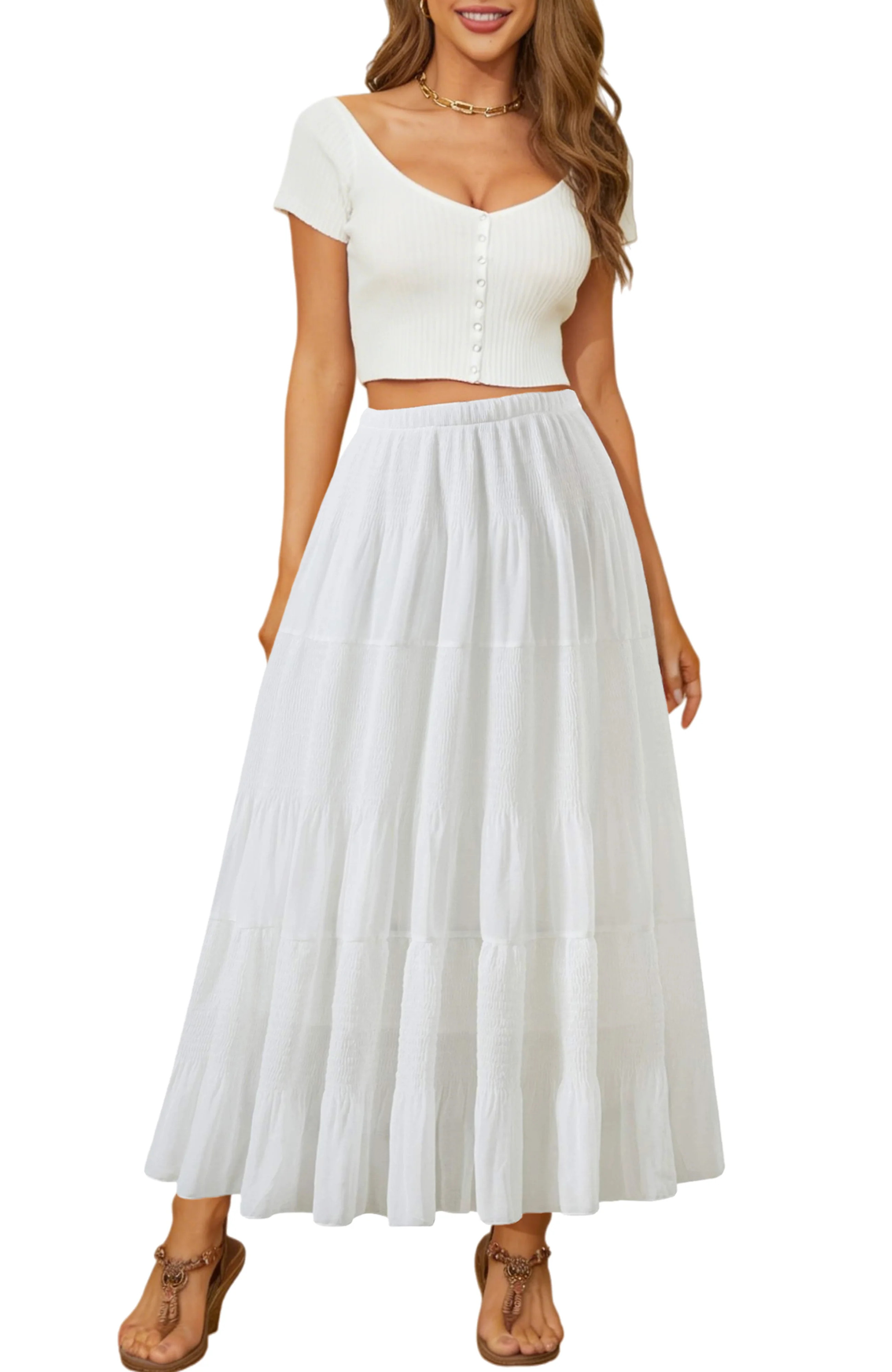 UVN Skirts for Women Summer Chiffon Pleated A-Line Long Skirt Elastic High Waist Swing Tiered Boh... | Walmart (US)