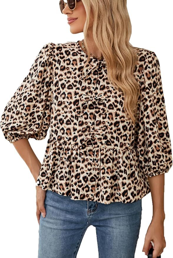 Tie Front Tops Women Y2k Leopard Print Puff Sleeve 3/4 Length Peplum Cute Clothes | Amazon (US)