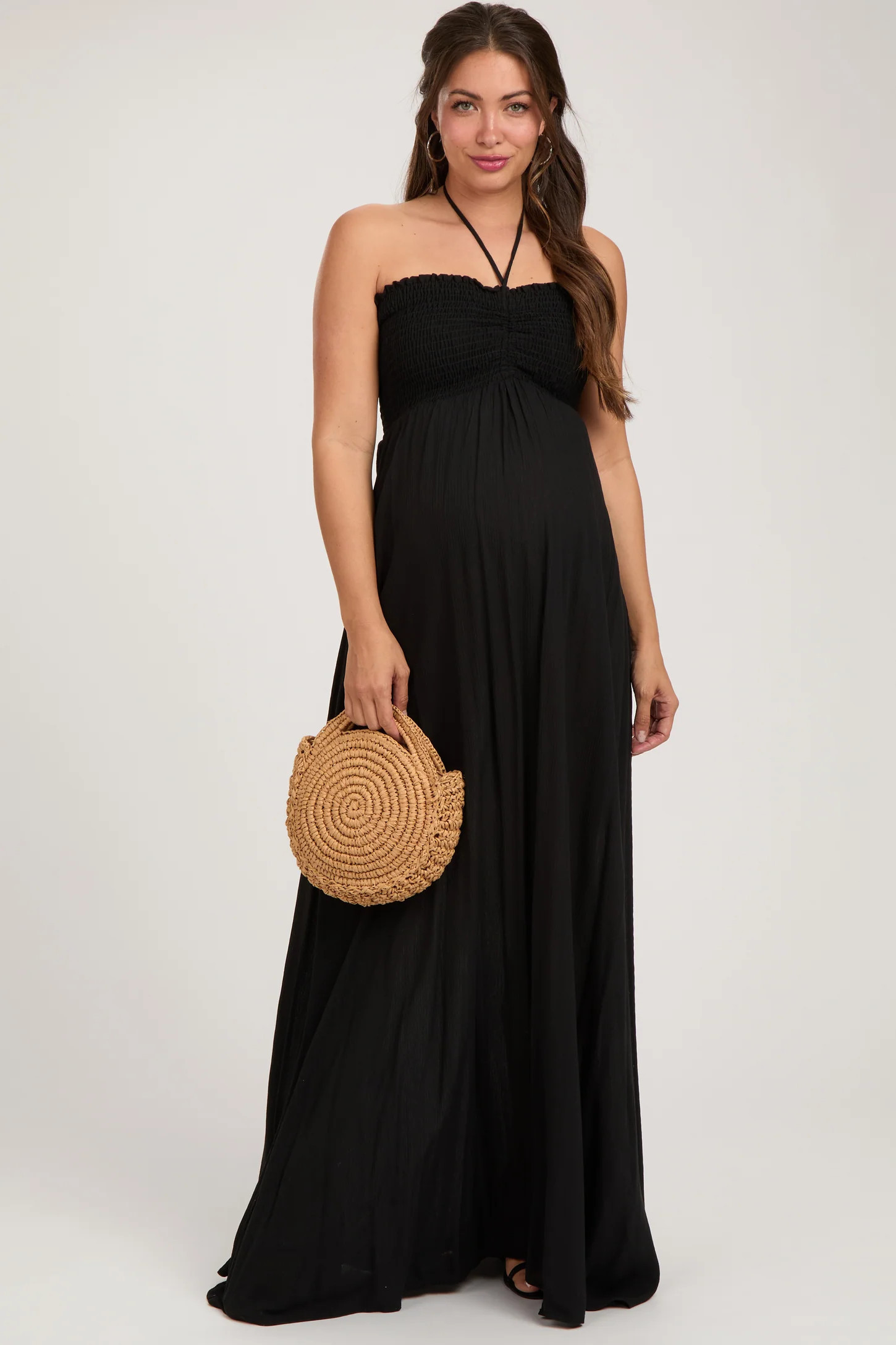 Beige Smocked Halter Maternity Maxi Dress | PinkBlush Maternity
