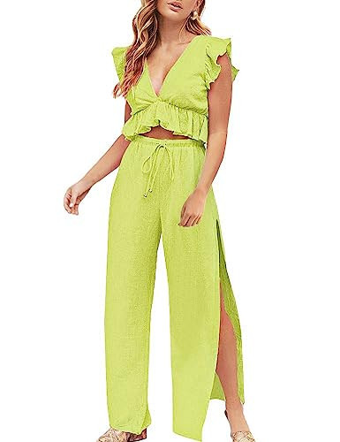 FANCYINN Womens 2 Pieces Outfits Deep V Neck Crop Top Side Slit Drawstring Wide Leg Pants Set Jumpsuits Lemon Yellow L | Amazon (US)