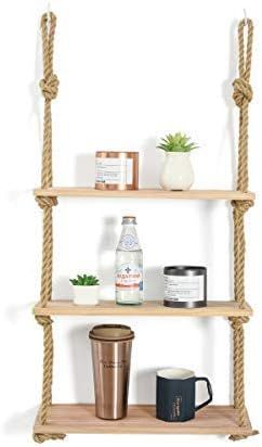 JayDee Decorative Hanging 3 Tier Natural Wood Floating Wall Shelves with Jute Rope-Home Decor Org... | Amazon (US)