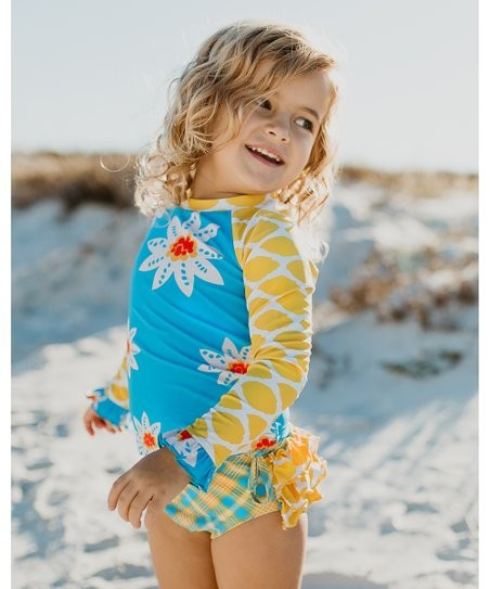 Yellow & Blue Floral Geometric Ruffle Rashguard Set - Infant, Toddler & Girls | Zulily