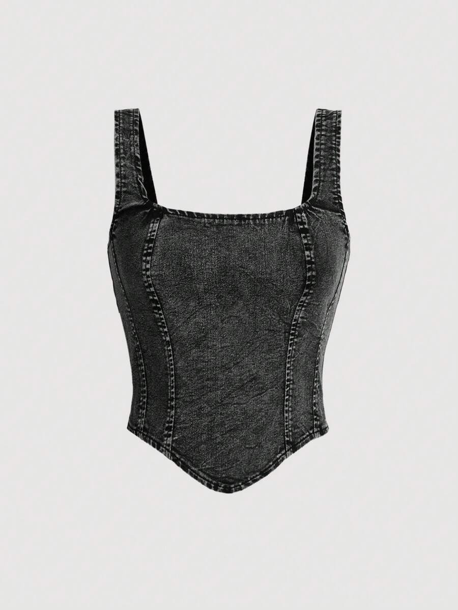 SHEIN MOD Women Black Casual Denim Tank Top With Wide Straps And Back Zipper, Vintage | SHEIN