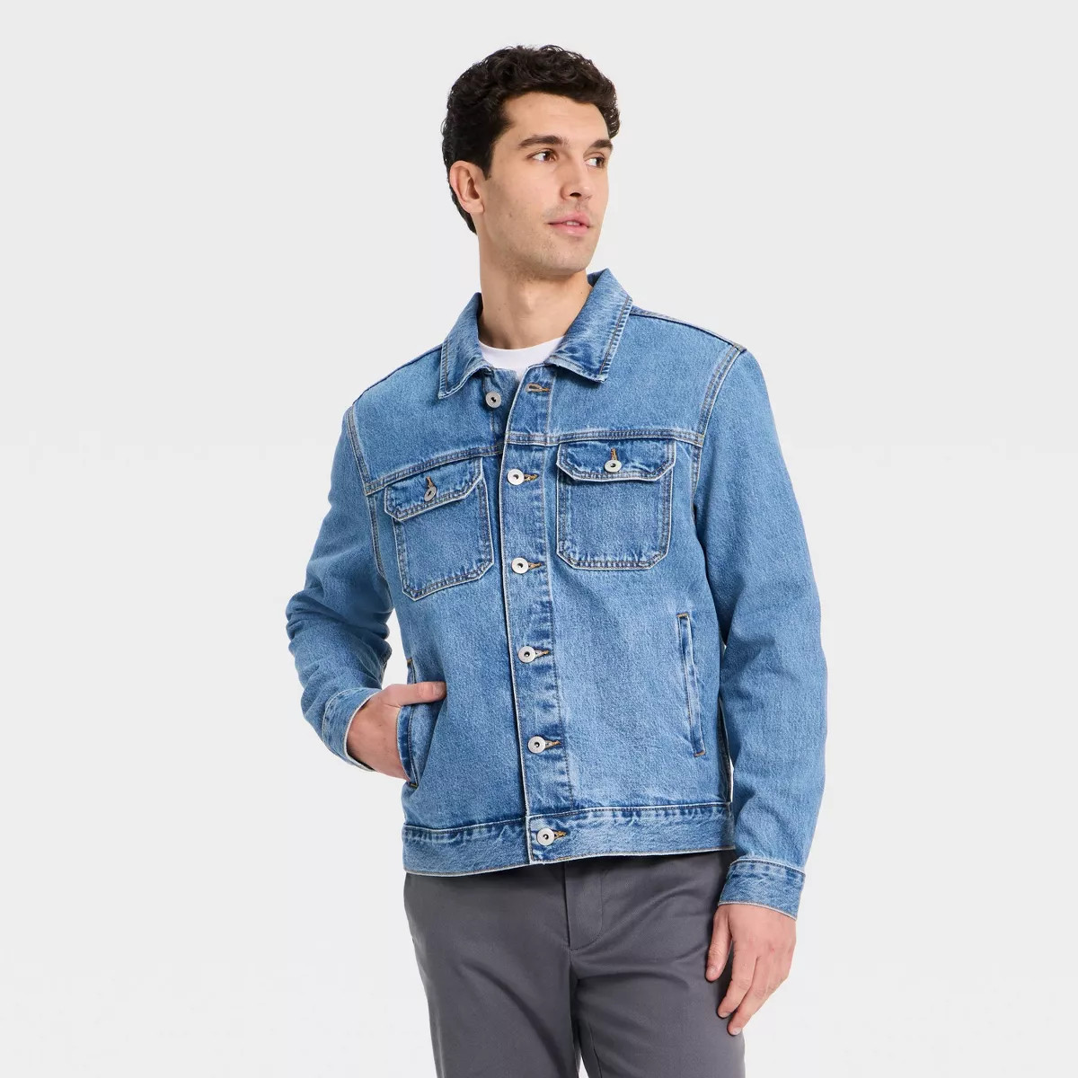 Men's Denim Trucker Jacket - Goodfellow & Co™ Medium Wash L | Target