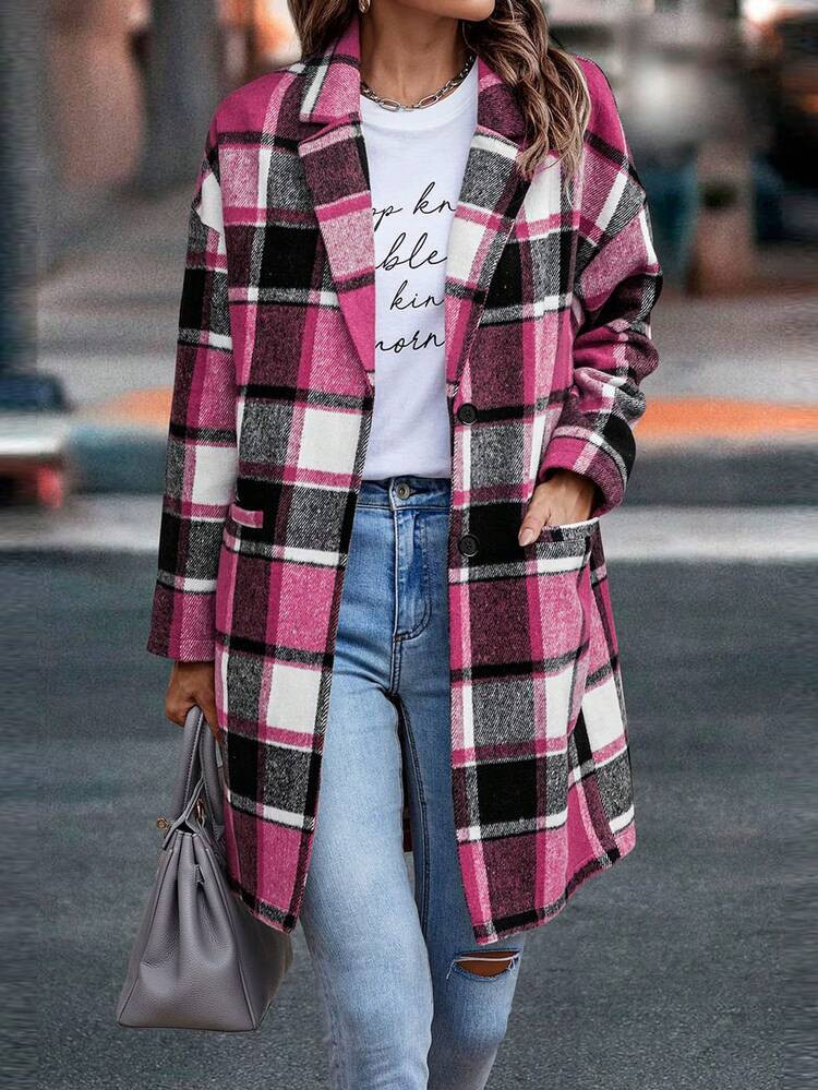 Women's Fall Winter Plaid Long Jacket Stylish Casual Button Wool Blend Plaid Style Clothing With Pockets | SHEIN