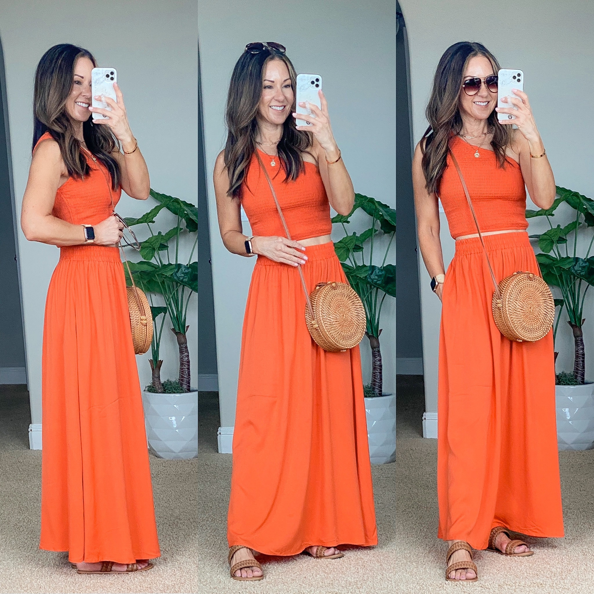 Amazon 2 Piece Outfit One Shoulder Smocked Crop Top & Waist Long Skirt Dress Set with Pockets - petite friendly - the perfect vacation outfit!  I'm 5'1", 110lbs wearing a small in orange red.  
Sandals 20% off from Target. TTS
I linked my favorite strapless bra  

#LTKstyletip #LTKunder50 #LTKtravel