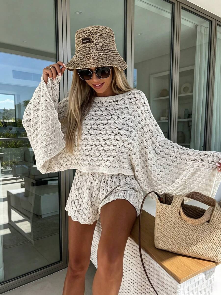 Sylvia Women's Summer Hollow Out Sheer Flare Sleeve Boat Neck Loose Breathable Knit Fabric Knit T... | SHEIN