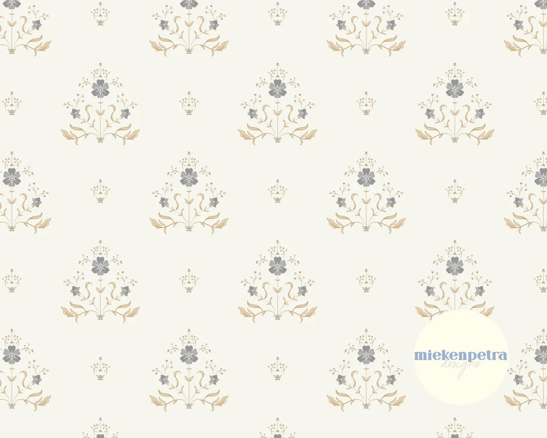 Cafe Floral Vintage Block Print Seamless Pattern, Blue Gold Cream, Farmhouse Cottagecore Digital ... | Etsy (US)