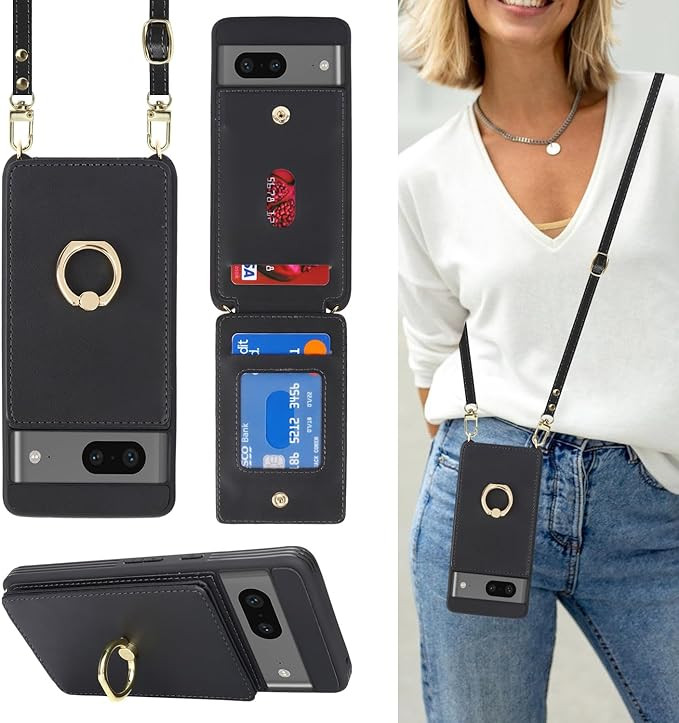 for Google Pixel 7 Case with Card Holder and Strap for Women,Crossbody Lanyard,Ring Stand,Snap Cl... | Amazon (US)