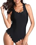 Holipick Women One Piece Scalloped Solid Backless Swimsuit Bathing Suit Black S | Amazon (US)