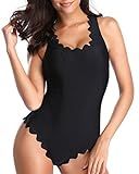 Holipick Women One Piece Scalloped Solid Backless Swimsuit Bathing Suit Black S | Amazon (US)