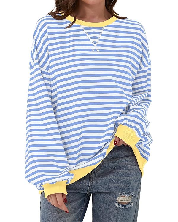 Women Oversized Striped Color Block Long Sleeve Crew Neck Sweatshirt Casual Loose Pullover Y2K Sh... | Amazon (US)