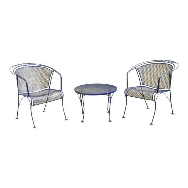 Woodard Barrel Back Blue Wrought Iron Rose Pattern Garden Arm Chairs & Table Set | Chairish