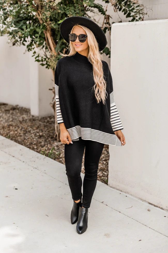Everything You Need Black Striped Poncho FINAL SALE | The Pink Lily Boutique