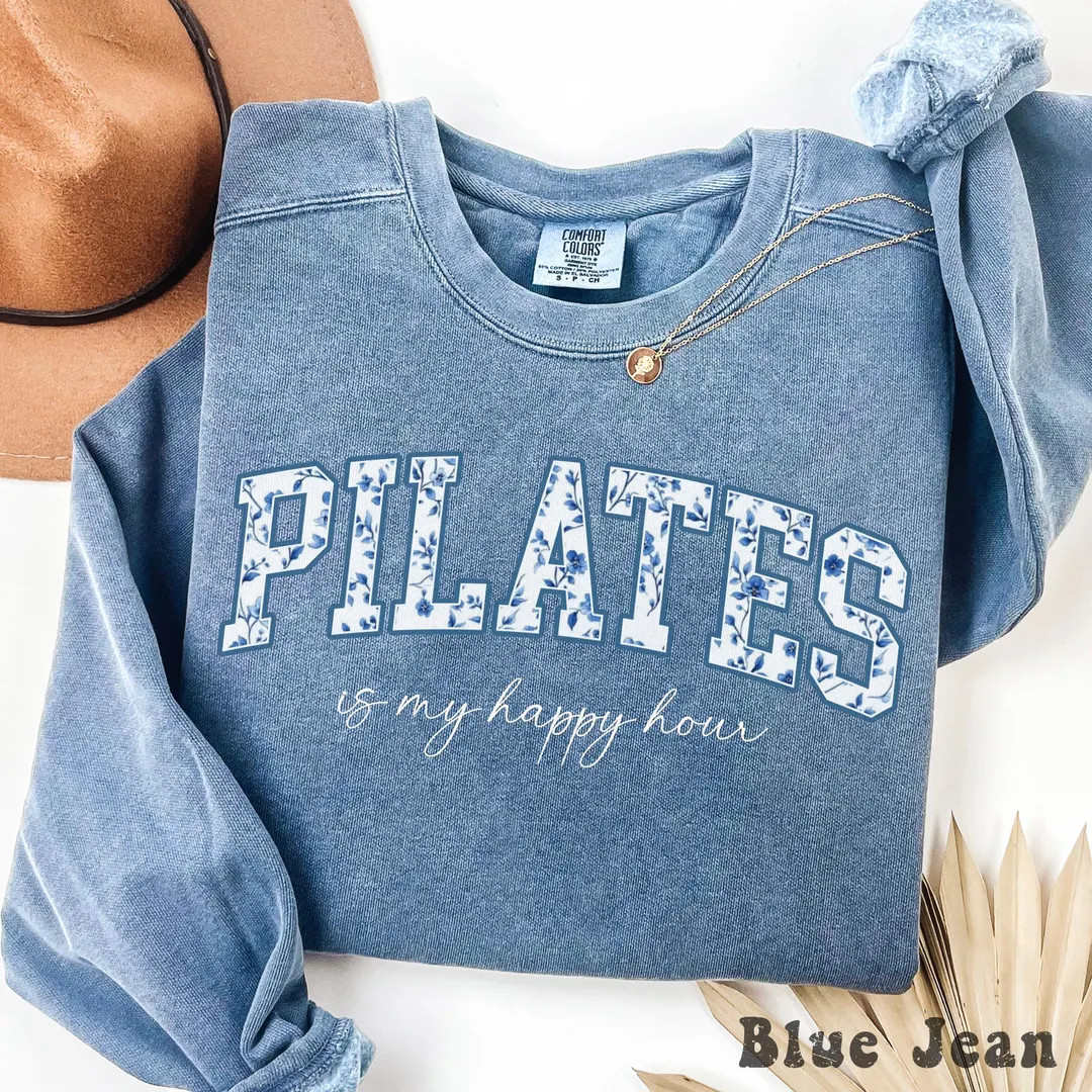 Comfort Colors® Pilates Is My Happy Hour Sweatshirt, Pilates Instructor Gift, Blue Toile Pilates... | Etsy (US)