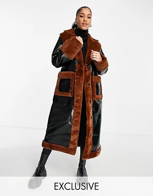 Missguided faux fur trim vinyl coat in black | ASOS (Global)