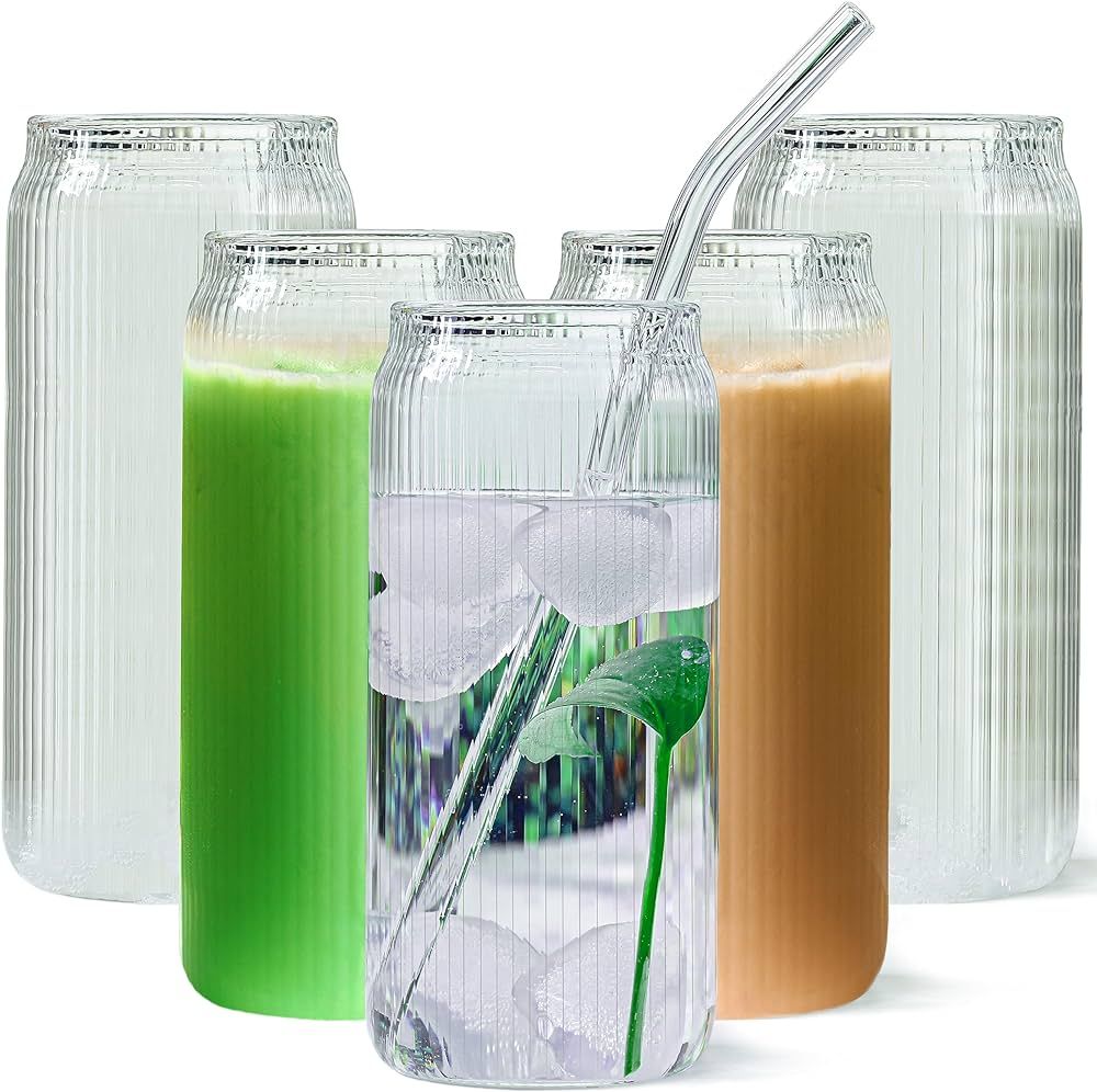 Set of 6 Ribbed Can Shaped Glass Cups with Glass Straws - 16oz Can Glass Drinking Glasses, Iced C... | Amazon (US)