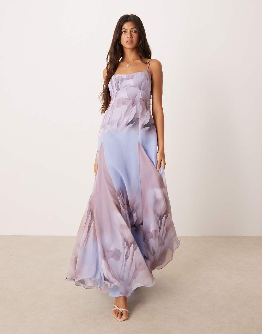 ASOS DESIGN chiffon strappy maxi dress with deep godets in lilac floral-Multi | ASOS (Global)