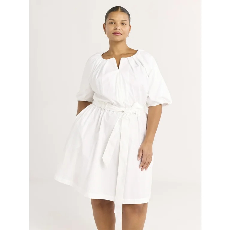 Scoop Women's and Women's Plus Belted Cotton Poplin Mini Dress with Puff Sleeves, Sizes XS-4X | Walmart (US)