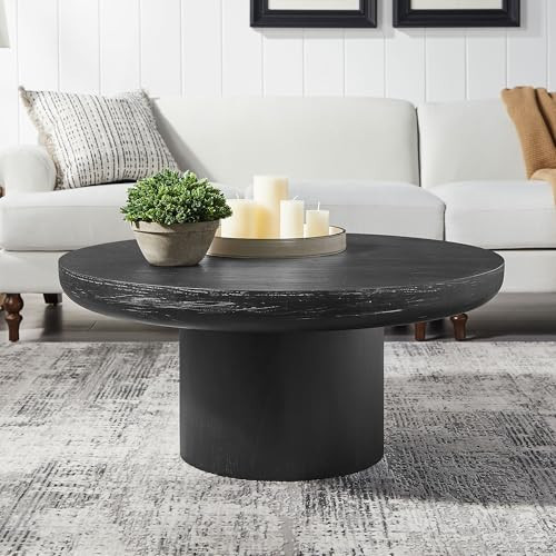35.98'' Black Round Coffee Table, End Table Modern Coffee Table Wood Small Coffee Table with Cylindrical Leg, Wood Veneer Tabletop Table, Rounded Sofa Side Table for Living Room (ø35.98'' x 15.98'') | Amazon (US)