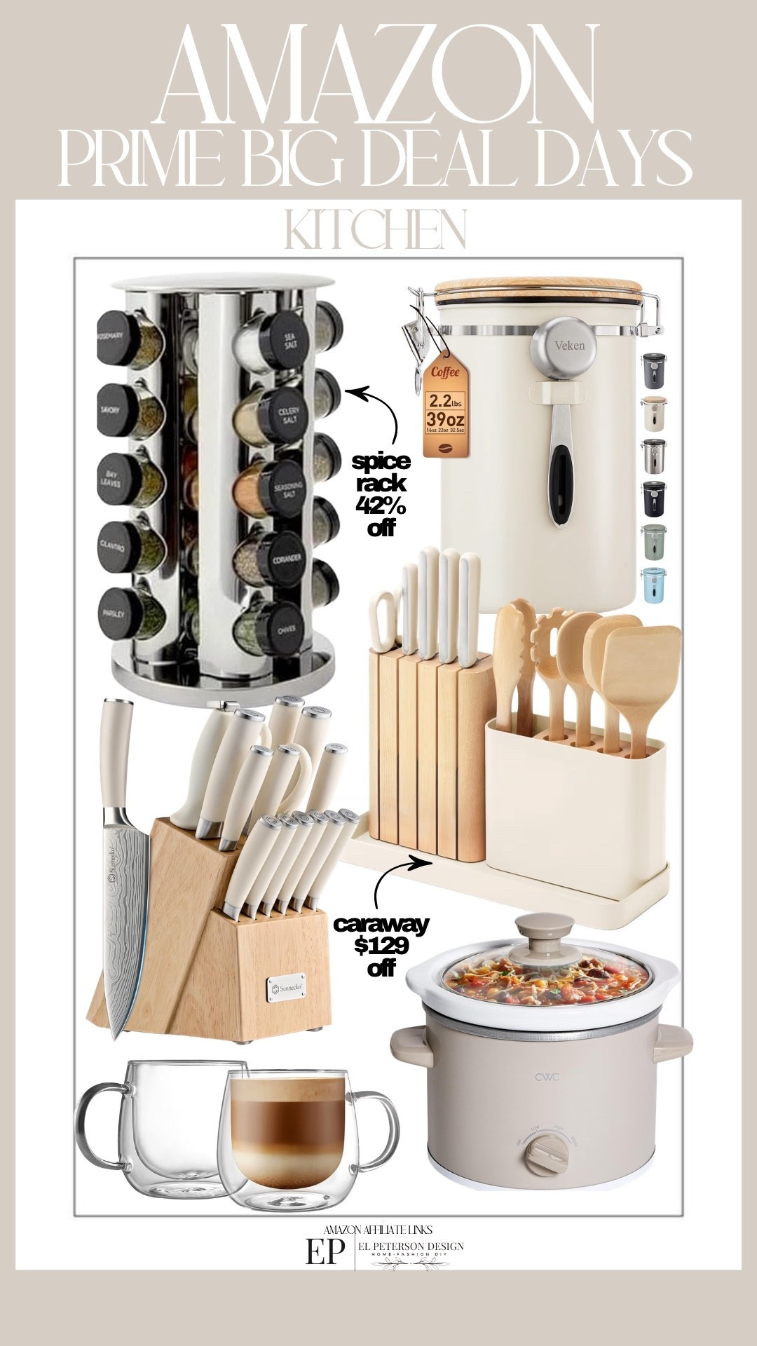 Amazon
Prime Big Deal Days
Spice rack
Slow cooker
Knife set 
Mugs
Canister