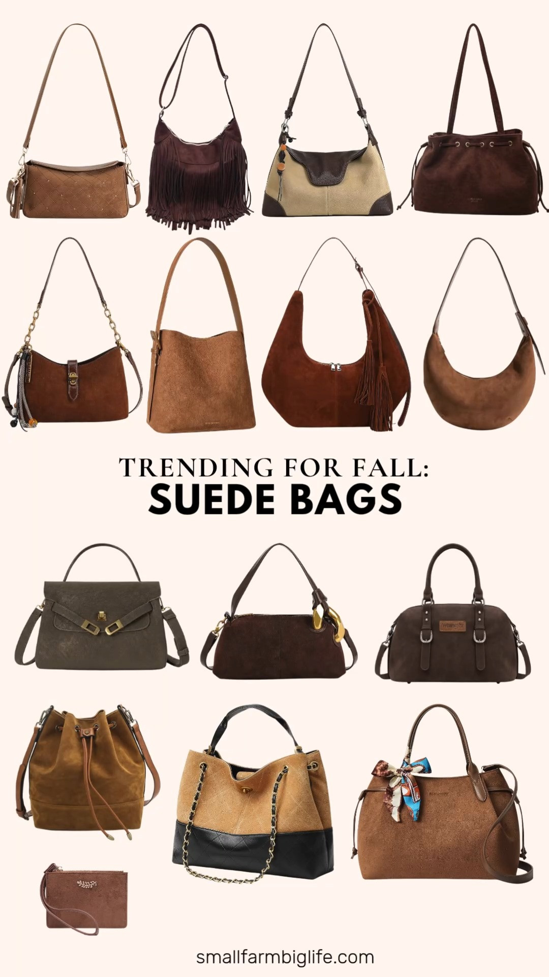 Suede bags are one of fall's biggest trends, and this lineup covers every silhouette from fringe to bucket to satchel. The coffee brown vintage fringe crossbody brings a fun western cowgirl feel, while the khaki and chocolate brown crescent bag and the brown crescent hobo with a chain strap both offer a sleeker, more everyday shape.

For a slouchy, retro look, the Herald tassel crescent hobo bag and the S-ZONE hobo crossbody with two straps both bring that soft, lived in suede texture with a detachable tassel. If you prefer something more structured, the ALEX & MIA top handle flap bag with a gold tone lock and the DORIS&JACKY lambskin satchel with a twist lock closure both add a polished, elevated touch.

Bucket bags are having a moment too, the coffee brown drawstring bucket bag, the light brown convertible bucket bag, and the BOSTANTEN bucket hobo with a detachable zip pouch all bring that trendy, roomy silhouette. The Wrangler suede doctor bag adds a classic barrel satchel shape, and the BOSTANTEN dumpling tote with a detachable silk scarf brings a cute, everyday option. Finish with the saddle brown crescent underarm bag for a smaller, going out option, or the suede card holder wallet for an easy matching accessory.

#amazonfashion #suedebags #fallfashion #falloutfits #amazonfinds 

 #LTKootd #LTKOver40 #LTKWorkwear
