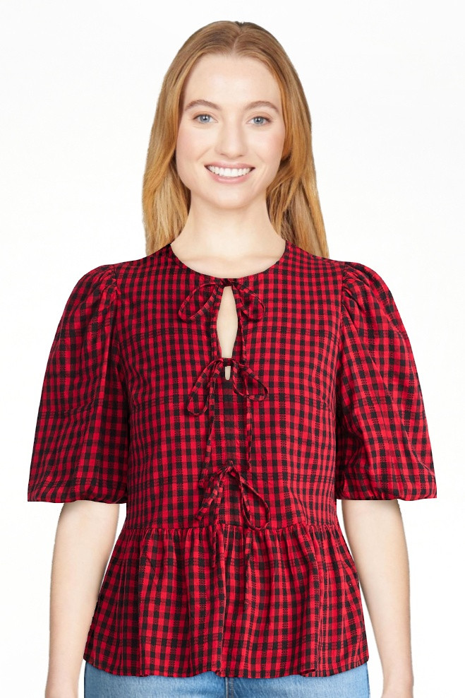 Time and Tru Women's Tie Front Peplum Top with Short Puff Sleeves, Size XS – XXXL | Walmart (US)