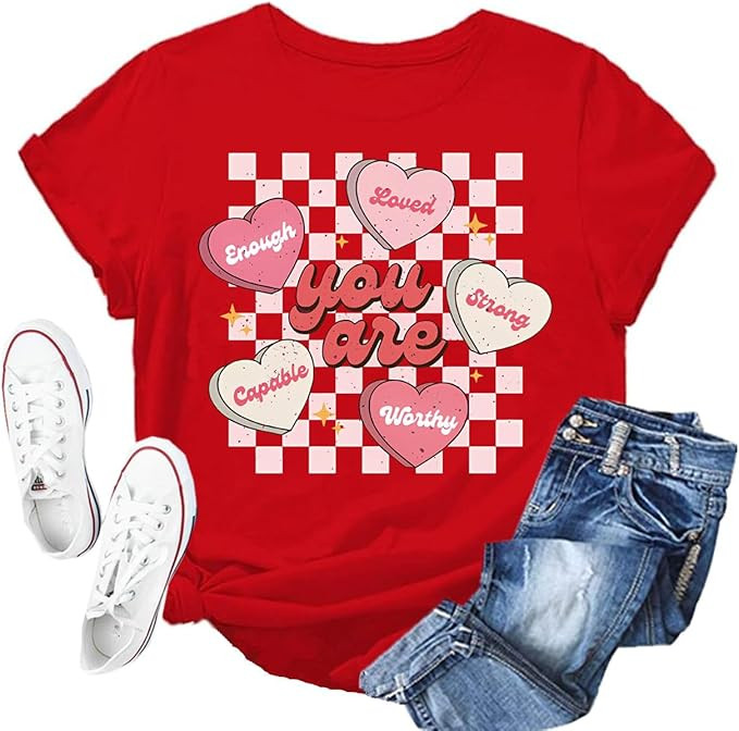 Valentines Shirts for Women Retro Candy Heart Printed Short Sleeve Casual Graphic Tee Tops | Amazon (US)