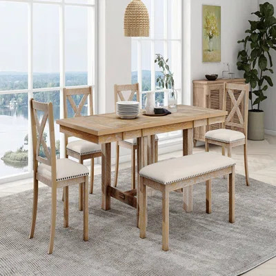 6-Piece Extendable Dining Table With Footrest, 4 Upholstered Dining Chairs And Dining Bench, Two 11"Removable Leaf | Wayfair North America